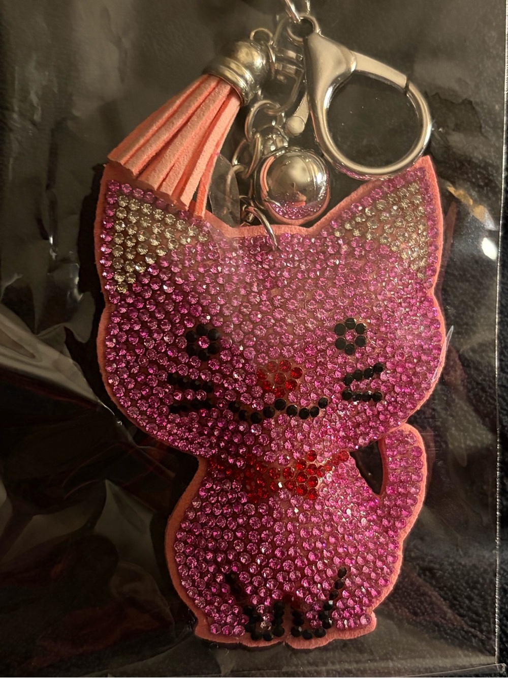 Puffy Large Rhinestones Sparkling Pink Cat Keychain Bag   Charm with Tassel